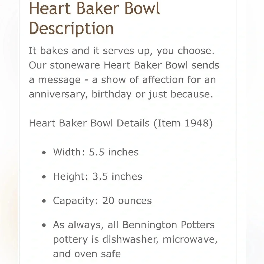 Bennington Heart Baker bowl Blue heart  stoneware dishwasher microwave oven safe